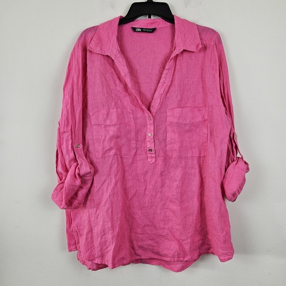 Zara Women’s 100% Linen Front Pockets Shirt Bright Pink Size XXL - Picture 1 of 5